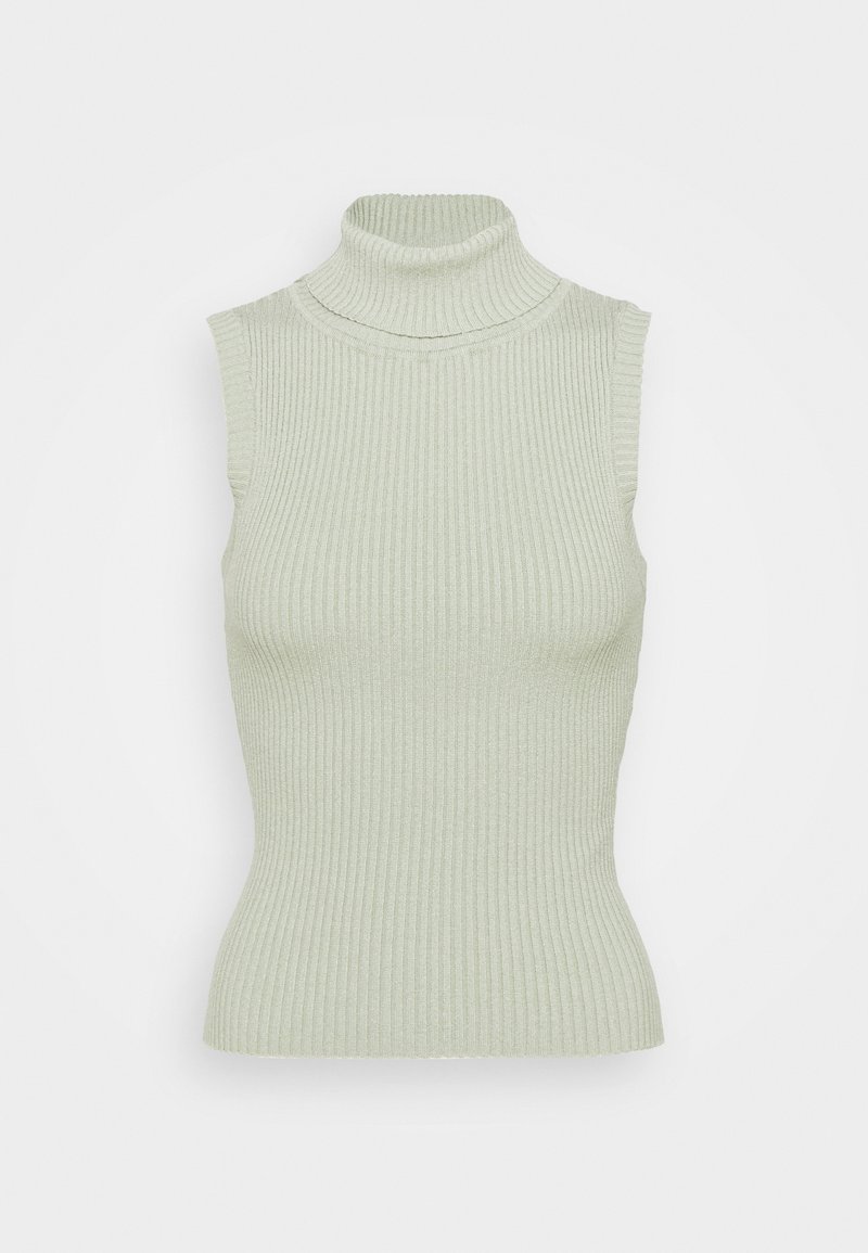 Top sin mangas de cuello alto en verde menta claro, con un diseño ajustado y tela texturizada. Bordes suaves y cuello alto.