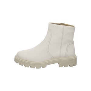 Cream-colored leather ankle boot with chunky tread sole and side zipper, minimal stitching, and round toe design.