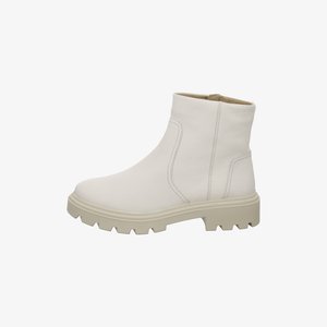 Cremefarbener Leder-Stiefelette mit grober Profilsohle und seitlichem Reißverschluss, minimalen Nähten und rundem Zehendesign.
