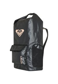 Schwarzer wasserdichter Rucksack mit einer Fronttasche, seitlichem Netzpaneel und rosa Logo. Verfügt über verstellbare Schultergurte und einen Rolltopverschluss.