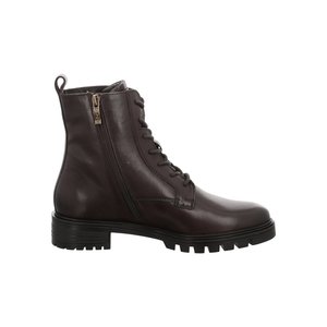 Dunkelbrauner Leder-Stiefel bis zum Knöchel mit seitlichem Reißverschluss, vorderen Schnürsenkeln, Zuglasche und robustem Gummisohlenprofil.
