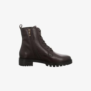 Dark brown leather ankle boot with side zipper, front laces, pull tab, and rugged rubber sole.