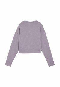 Sweat-shirt court à manches longues en violet délavé avec un col rond et des poignets côtelés, vu de dos sur fond blanc.
