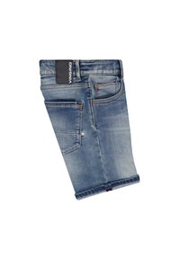 Ljusblå denimshorts med en blekt finish, med uppvikta fållar, fem fickor och en svart Vingino-logotyp vid midjan.