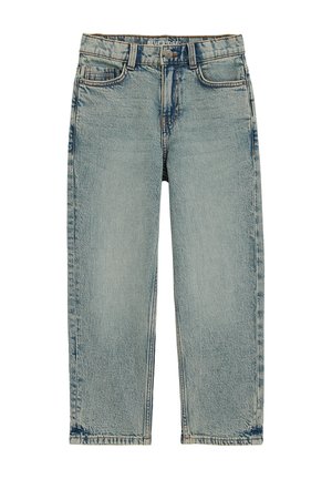 Jean en denim bleu clair coupe droite avec fermeture par bouton et fermeture éclair, poches avant et petite poche, et détails de délavage.