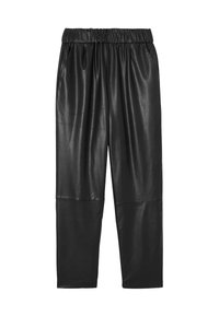 Pantalons en simili cuir noir, dotés d'une taille élastique, d'une coupe ample et de panneaux mats contrastants sur le bas de la jambe pour un ajout de texture.