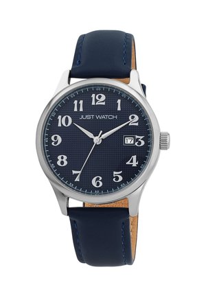 Runder Silberton-Uhr mit einem dunkelblauen Lederarmband. Das Ziffernblatt verfügt über eine strukturierte blaue Oberfläche, weiße arabische Ziffern und ein Datumsanzeige.