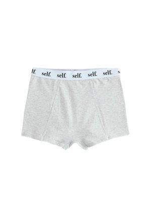 Gray boxer briefs made of soft cotton blend, featuring a white waistband with black "self." logo and a classic four-panel design.