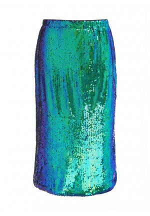 Gonna a tubino lucida coperta di paillettes blu e verdi che creano un effetto iridescente, con taglio dritto e vita elastica.