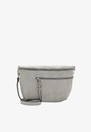 Grijze faux suede schoudertas met dubbele ritscompartimenten, verstelbare schouderband en zilverkleurige hardware. Gladde textuur en afgeronde vorm.