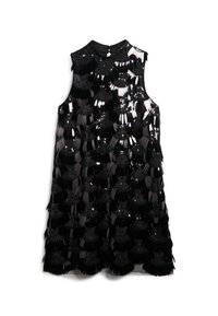 Robe noire sans manches avec un col rond, ornée de détails en franges superposées et d'embellissements en sequins brillants sur le corps.