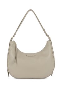 Borsa hobo in pelle grigia chiara con una texture liscia, caratterizzata da una forma curva e una tracolla regolabile. Dettagli in oro.