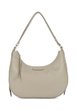 Borsa hobo in pelle grigia chiara con una texture liscia, caratterizzata da una forma curva e una tracolla regolabile. Dettagli in oro.