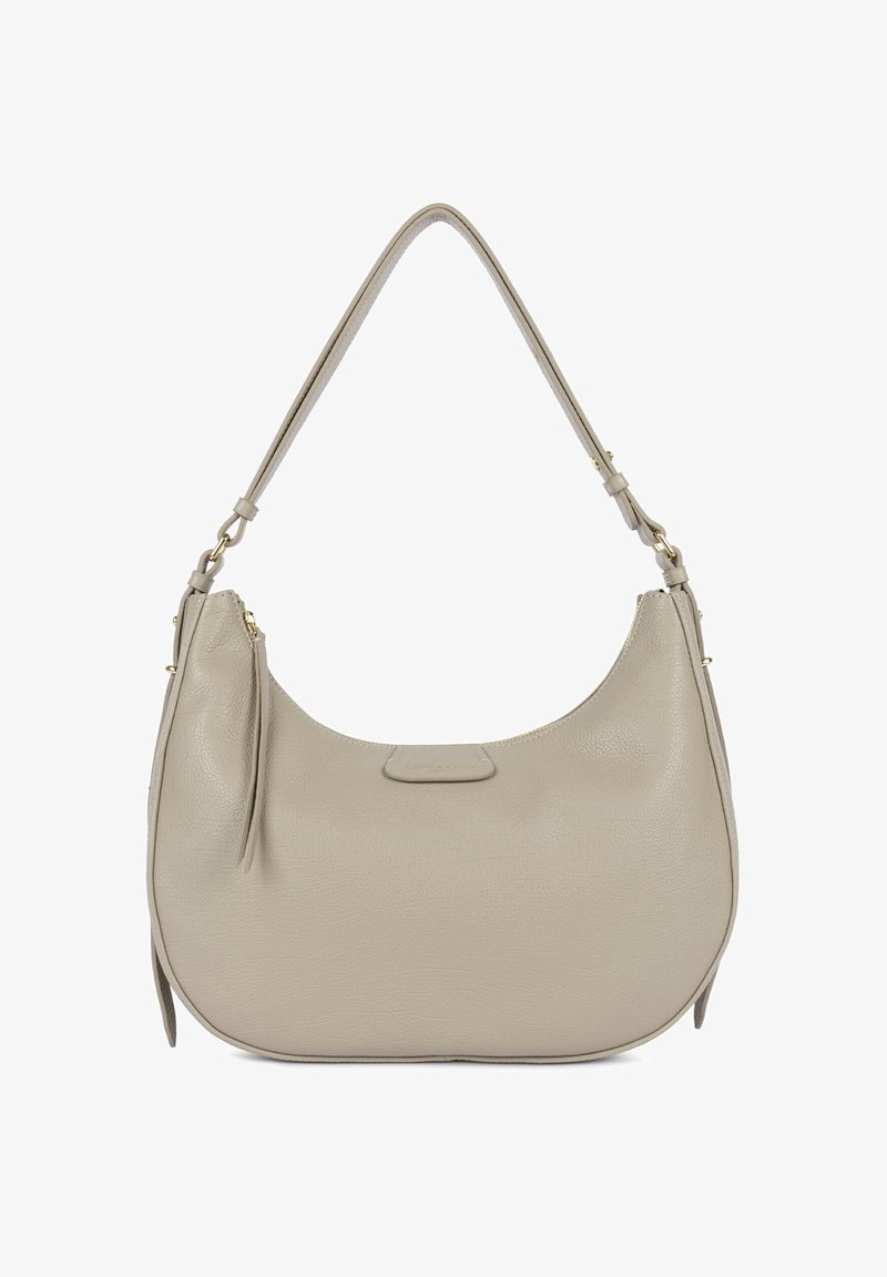 Borsa hobo in pelle grigia chiara con una texture liscia, caratterizzata da una forma curva e una tracolla regolabile. Dettagli in oro.