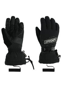 Gants isolés noirs avec paume en cuir, doigts texturés, poignets élastiques, sangles ajustables et détail de logo au dos.