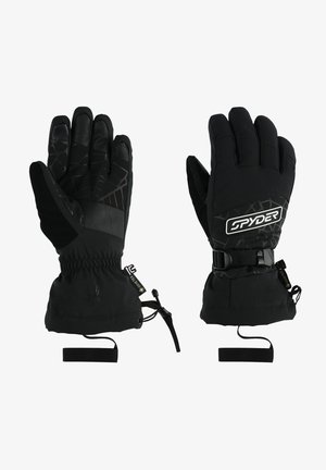 Black insulated gloves with leather palm, textured fingers, elastic cuffs, adjustable straps, and logo detail on the back.