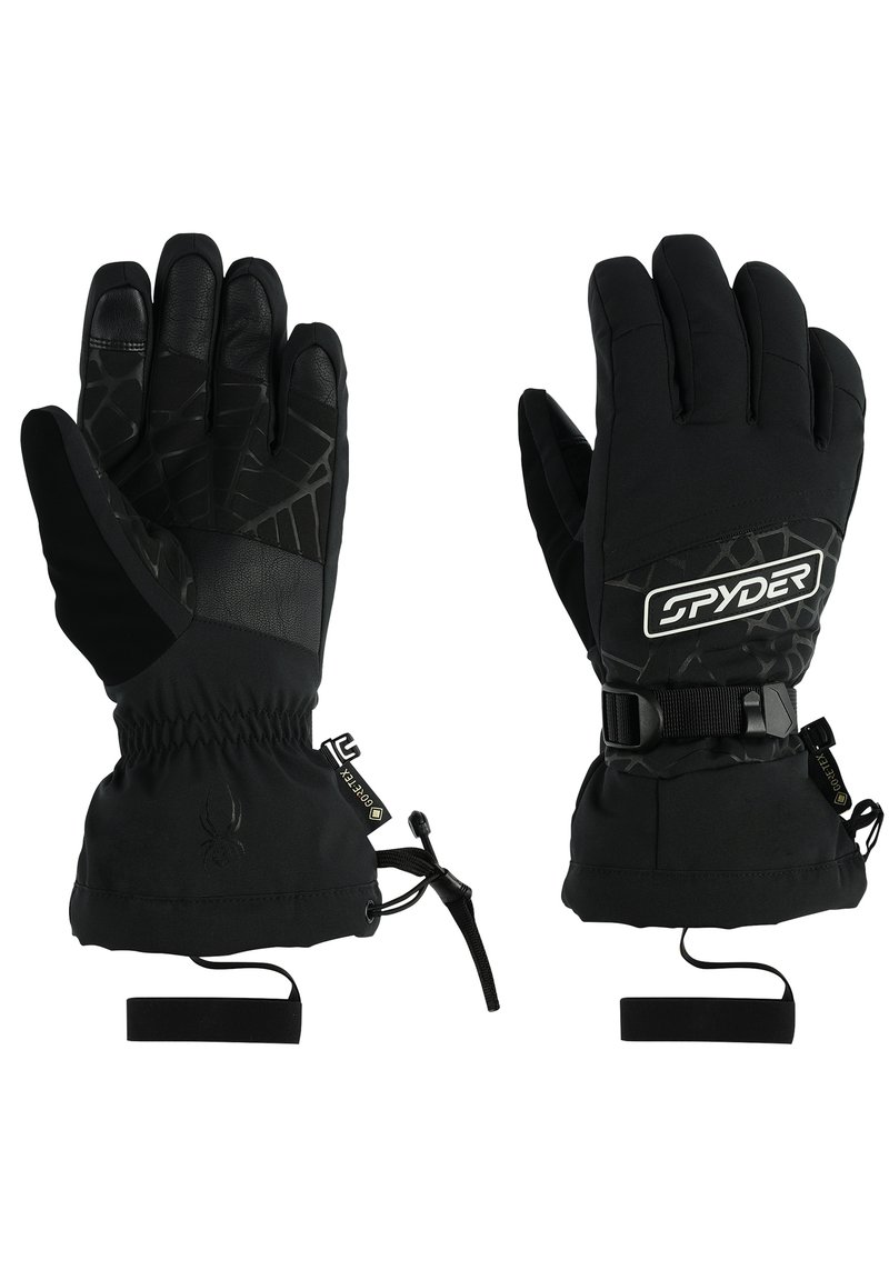 Gants isolés noirs avec paume en cuir, doigts texturés, poignets élastiques, sangles ajustables et détail de logo au dos.