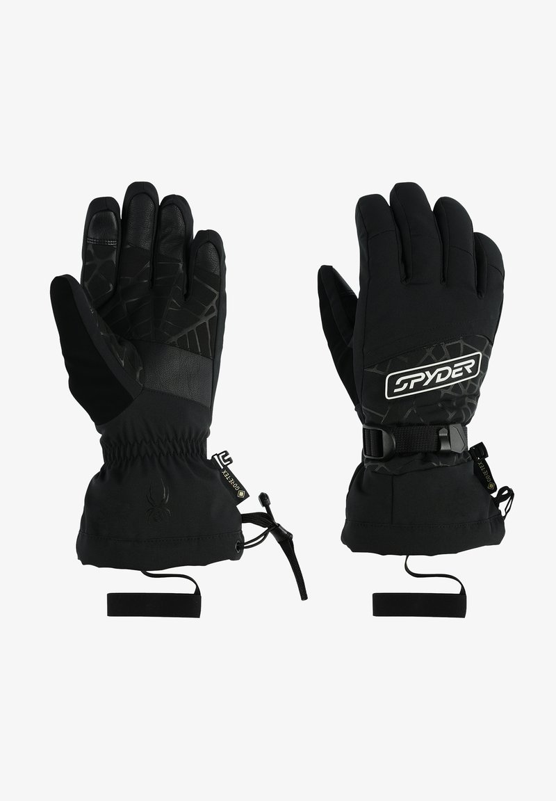 Black insulated gloves with leather palm, textured fingers, elastic cuffs, adjustable straps, and logo detail on the back.