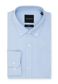 Jasnoniebieska koszula slim fit z kołnierzykiem zapinanym na guziki, wykonana z gładkiego materiału z białymi guzikami, z możliwością podwinięcia mankietu z guzikowym detalem.