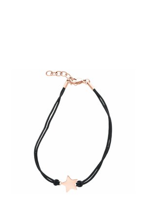 Schwarzes doppelt geflochtenes Armband mit einem roségoldenen Sternanhänger und verstellbarem Verschluss mit Gliederkette.