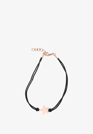 Schwarzes doppelt geflochtenes Armband mit einem roségoldenen Sternanhänger und verstellbarem Verschluss mit Gliederkette.