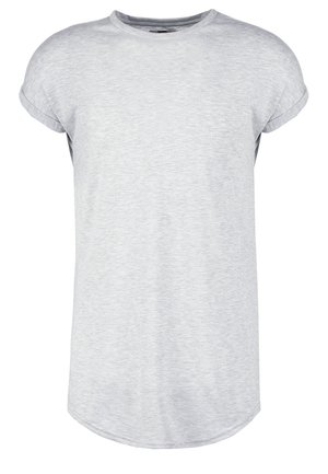 Light gray short-sleeve t-shirt with rolled cuffs and a round neckline, featuring a slightly curved hem.