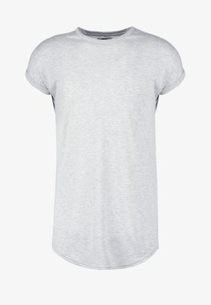 Hellgraues T-Shirt mit kurzen Ärmeln und umgeschlagenen Bündchen sowie rundem Ausschnitt, mit einem leicht geschwungenen Saum.