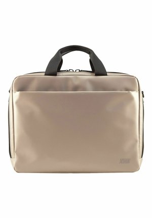 Borsa per laptop beige in materiale sintetico liscio, con manici neri a contrasto, tasca frontale e chiusura a zip superiore. Logo impresso di lato.