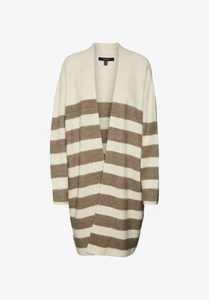 Pletený kardigan v béžovo-hnědém pruhovaném vzoru, s otevřeným předním designem, dlouhými rukávy a jemnou texturou.