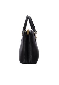 Borsa in pelle nera con texture, doppie maniglie, cerniera dorata e scomparti laterali, mostrata in profilo laterale su sfondo bianco.