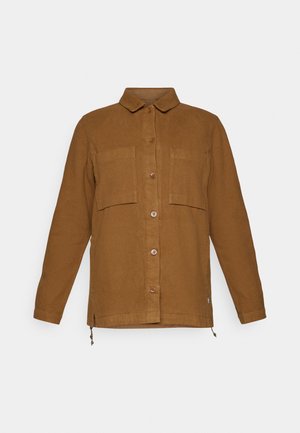 Bruine, button-up jas met een kraag, twee borstzakken en zij-trekkoorden. Gemaakt van een gestructureerd materiaal met een iets relaxte pasvorm.