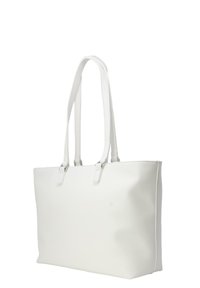 Weiße Kunstleder-Shopper-Tasche mit doppelten Trägern, rechteckiger Form, glatter Textur und minimalistischem Design. Keine sichtbaren Beschläge oder Muster.