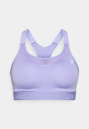 Sutien sport lavandă cu bretele ajustabile, având un panou din plasă texturată și o bandă elasticizată cu logo-ul "asics". Material neted, design suportiv.