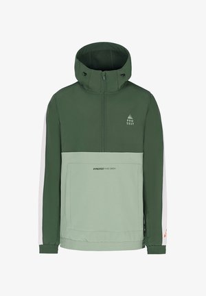 Chaqueta de pullover verde y verde claro con media cremallera, cuello alto, bolsillo frontal, rayas blancas a los lados y un logo en el pecho.