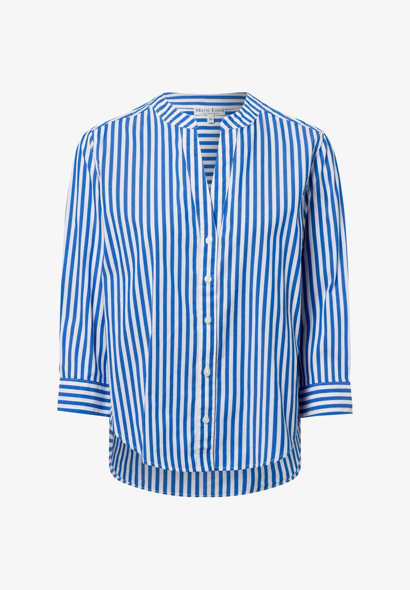 Blau-weiß gestreiftes Hemd mit Stehkragen, 3/4-Ärmeln und Knopfleiste. Aus leichtem Stoff gefertigt, mit abgerundetem Saum.