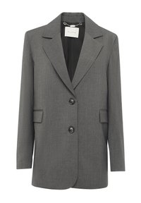 Blazer grigio realizzato in tessuto testurizzato, caratterizzato da un colletto a punta, due tasche frontali e due bottoni neri per la chiusura.