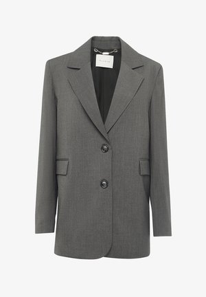 Blazer gris en tissu texturé, doté d'un revers cranté, de deux poches avant et de deux boutons noirs pour la fermeture.