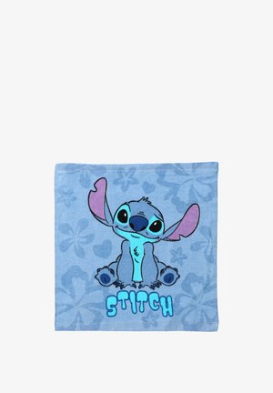 Modrý ručník s kreslenou postavičkou s velkýma ušima a usměvavou tváří. Pod postavičkou je nápis "STITCH".