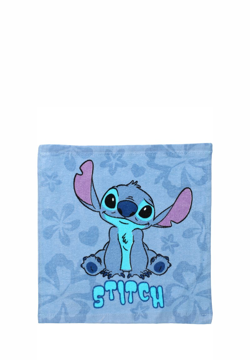 Modrý ručník s kreslenou postavičkou s velkýma ušima a usměvavou tváří. Pod postavičkou je nápis "STITCH".