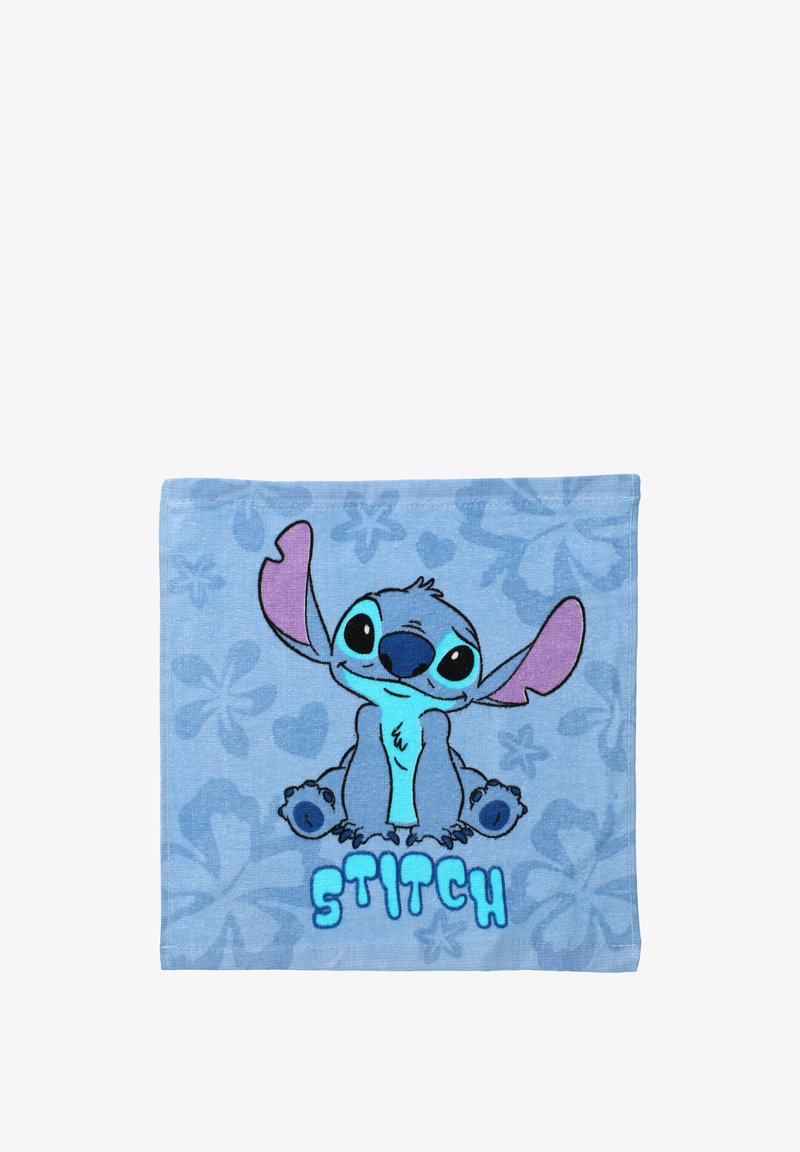 Modrý ručník s kreslenou postavičkou s velkýma ušima a usměvavou tváří. Pod postavičkou je nápis "STITCH".