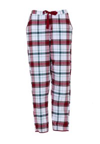 Pantaloni da pigiama a quadri rosso e verde con sfondo bianco, dotati di cintura elastica e cordoncino regolabile, e tasche laterali.