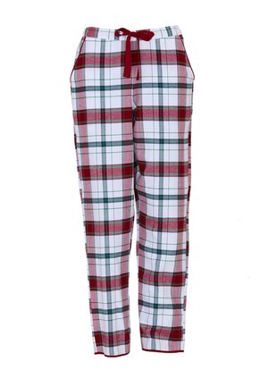 Rode en groene geruite pyjamabroek met een witte achtergrond, voorzien van een elastische tailleband en verstelbaar trekkoord, en zijzakken.