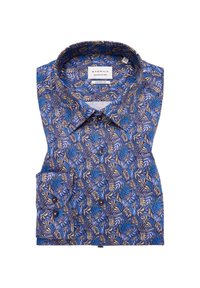 Blauwe lange mouw shirt met een bladerenpatroon; heeft een klassiek col, knoopsluiting en een comfortabele pasvorm.
