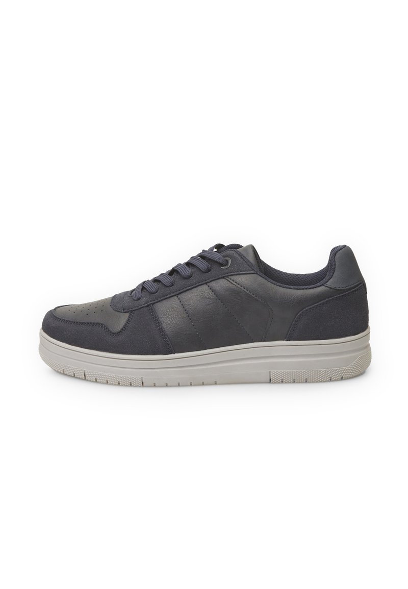 Navy sneaker with a smooth leather toe and sides, lace-up design, textured panels, and a contrasting gray rubber sole.