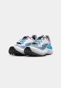 Chaussures de trail running avec une tige en mesh blanc agrémentée d'accents bleus, semelle extérieure texturée noire et col rembourré gris. Comprend un système de laçage dynamique.