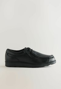Chaussures décontractées en cuir noir avec un bout rond, un laçage, des accents de couture sur les côtés et une semelle en caoutchouc.
