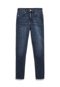 Mörkblå denimjeans med smal passform, utrustade med dragkedja, fem fickor och subtila utsvängningar över hela tyget.