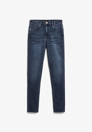 Dunkelblaue Denim-Jeans im Slim-Fit-Schnitt mit Reißverschluss, fünf Taschen und subtilen Ausbleichungen im gesamten Stoff.