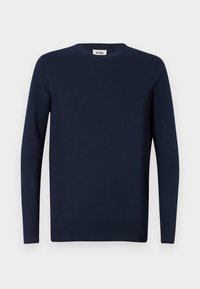 Marineblaue Langarm-T-Shirts aus Baumwolle, mit rundem Halsausschnitt und glatter Textur, ohne Muster oder Akzente.