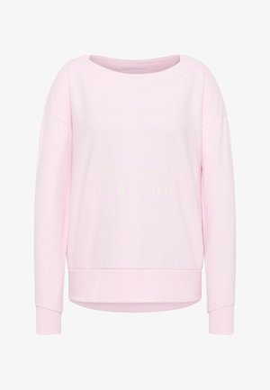 Lichtroze longsleeve sweater met verlaagde schouders en subtiele "ELBSAND" tekst en geometrisch ontwerp aan de voorkant.